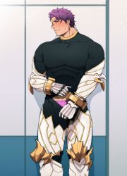 Rule 34 | 1boy, abs, arm armor, armor, blush, bracelet, clothes lift, clothes pull, fate/grand order, fate (series), gauntlets, highres, jewelry, lancelot (fate/grand order), leg armor, long sleeves, male focus, male underwear, male underwear peek, manly, mature male, muscular, muscular male, pants, pants pull, pectorals, pink male underwear, purple eyes, purple hair, room, shirt, shirt lift, solo, spiked hair, standplay, sweat, sweatdrop, tight clothes, underwear, underwear peek