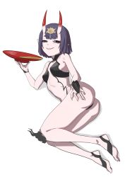 Rule 34 | 1girl, ass, bare shoulders, barefoot sandals (jewelry), bob cut, breasts, bridal gauntlets, collarbone, cup, doka yuki (tsumorisugi), eyeliner, fate/grand order, fate (series), headpiece, highres, horns, looking at viewer, makeup, oni, purple eyes, purple hair, revealing clothes, sakazuki, short hair, shuten douji (fate), skin-covered horns, small breasts, smile, solo