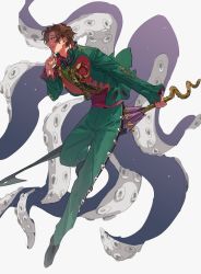 Rule 34 | 1boy, bbbb fex, cowboy shot, evil, evil smile, full body, giant squid, green eyes, green jacket, green pants, highres, holding, holding weapon, jacket, kamen rider, kamen rider revice, male focus, mexican clothes, olteca (kamen rider revice), pants, paranegro, red eyes, sitting, smile, squid, sword, tentacles, umbrella, villain pose, weapon, white background