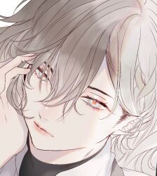 Rule 34 | 1boy, androgynous, bishounen, close-up, expressionless, grey eyes, grey hair, hair between eyes, head rest, long hair, male focus, msa (fary white), original, red pupils, sketch, solo, white background