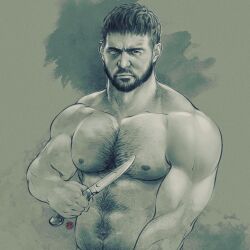 Rule 34 | 1boy, bara, chest hair, chris redfield, closed mouth, completely nude, facial hair, highres, holding, holding knife, holding weapon, instagram username, knife, large pectorals, male focus, male pubic hair, monochrome, muscular, muscular male, navel, nipples, nude, pectorals, pubic hair, resident evil, resident evil village, short hair, solo, upper body, weapon, weibo watermark, youngyee art