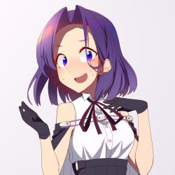 Rule 34 | 1girl, ayakaze, black gloves, cape, commentary request, gloves, gradient background, hair intakes, kantai collection, looking at viewer, purple eyes, purple hair, red ribbon, ribbon, shirt, short hair, sleeveless, sleeveless shirt, tatsuta (kancolle), tatsuta kai ni (kancolle), upper body, white background