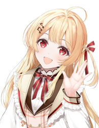 Rule 34 | 1girl, ahoge, blonde hair, dress, fortissimo, hair ornament, hair ribbon, head tilt, hololive, hololive dev is, inuzumi masaki, jacket, long hair, looking at viewer, musical note, musical note hair ornament, open clothes, open jacket, otonose kanade, red eyes, ribbon, smile, solo, upper body, virtual youtuber, waving