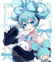 Rule 34 | 1girl, :d, absurdres, aqua bow, aqua eyes, aqua hair, aqua nails, black sleeves, blush stickers, bow, character doll, cinnamiku, cinnamoroll, commentary, crossover, detached sleeves, grey shirt, hair bow, hair ornament, hand up, hatsune miku, headset, heart, highres, holding, kanvien, looking at viewer, matching outfits, nail polish, open mouth, sanrio, shirt, smile, teeth, tied ears, updo, upper body, upper teeth only, vocaloid