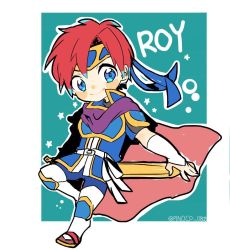 Rule 34 | 1boy, bad id, bad twitter id, blue background, blue eyes, boots, cape, character name, chibi, fire emblem, fire emblem: the binding blade, fire emblem: the blazing blade, full body, male focus, nintendo, red hair, repikinoko, roy (fire emblem), simple background, smile, solo, star (symbol), twitter username