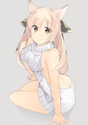 Rule 34 | 10s, 1girl, animal ears, arm at side, arm support, ass, back, backless dress, backless outfit, bare back, bare shoulders, belt, blush, bow, braid, breasts, butt crack, cat ears, closed mouth, collarbone, dress, erune, female focus, granblue fantasy, grey background, grey dress, hair bow, halterneck, hand up, long hair, looking at viewer, medium breasts, meme attire, naked sweater, no bra, no panties, pink hair, ribbed sweater, sasakura, side braids, sideboob, simple background, sitting, smile, solo, sweater, sweater dress, turtleneck, turtleneck sweater, twin braids, virgin killer sweater, yokozuwari, yuisis (granblue fantasy)