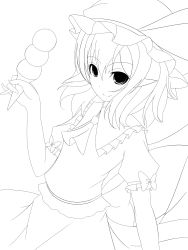Rule 34 | 1girl, ascot, bat wings, blouse, bow, food, frilled shirt, frills, greyscale, hair between eyes, hat, hat bow, highres, holding, ice cream cone, junior27016, lineart, looking at viewer, mob cap, monochrome, pointy ears, puffy sleeves, remilia scarlet, ribbon, shirt, short sleeves, skirt, skirt set, smile, solo, touhou, transparent background, wings