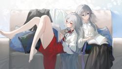 Rule 34 | 2girls, absurdres, barefoot, black bow, black bowtie, black skirt, blue eyes, book, bow, bowtie, closed mouth, couch, dual persona, fu hua, fu hua (herrscher of sentience), full body, grey hair, hair between eyes, highres, holding, holding book, honkai (series), honkai impact 3rd, leaning on person, long hair, long sleeves, multiple girls, hugging object, pillow, pillow hug, rafaelaaa, reading, red eyes, red skirt, shirt, sitting, skirt, soles, toes, white bow, white bowtie, white shirt
