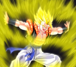 Rule 34 | 1boy, armband, aura, bare pectorals, blonde hair, dragon ball, dragonball z, gogeta, green eyes, highres, kamishima kanon, male focus, muscular, open mouth, outstretched arms, pectorals, solo, spiked hair, super saiyan, super saiyan 1, vest