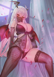 Rule 34 | 1girl, ahoge, asymmetrical gloves, bare shoulders, black bra, black gloves, black neckwear, black thighhighs, bra, breasts, choker, commission, curtains, demon girl, demon wings, elbow gloves, fishnet gloves, fishnets, floral print, gloves, hair between eyes, head wings, highres, indoors, large breasts, lingerie, looking at viewer, moon, mouth veil, navel, original, panties, parted lips, petals, pubic tattoo, red eyes, see-through, smile, solo, suerte, tattoo, thighhighs, underwear, uneven gloves, veil, white hair, wings