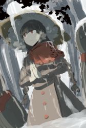 Rule 34 | 1girl, black hair, braid, buttons, capelet, closed mouth, commentary request, dutch angle, forest, grey jacket, hat, jacket, jizou, nature, necro (nekurodayo), one-hour drawing challenge, own hands clasped, own hands together, red eyes, snow, solo, touhou, tree, twin braids, yatadera narumi