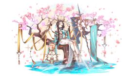 Rule 34 | 1girl, animal, animal on shoulder, anklet, barefoot, bird, bird on hand, bird on shoulder, black hair, breasts, cherry blossoms, earrings, facial mark, falling petals, flower, forehead mark, full body, halberd, headdress, highres, jewelry, large breasts, long hair, official art, petals, polearm, see-through, sennen sensou aigis, sitting, tassel, third-party source, transparent background, tree, water, weapon, yuanshi tianzun (sennen sensou aigis)