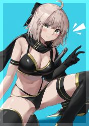 Rule 34 | 1girl, ahoge, bare shoulders, bikini, black bikini, black bow, black gloves, black scarf, black thighhighs, blonde hair, blue background, blush, bow, breasts, cleavage, closed mouth, fate/grand order, fate (series), gloves, hair bow, half updo, highleg, highleg bikini, highres, katana, large breasts, looking at viewer, multi-strapped bikini, navel, noeru, okita j. souji (fate), okita j. souji (first ascension) (fate), okita souji (fate), okita souji (koha-ace), scarf, single glove, smile, swimsuit, sword, thigh strap, thighhighs, thighs, v, weapon, yellow eyes