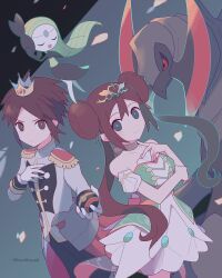 Rule 34 | 1boy, 1girl, 343rone, absurdres, alternate color, bare shoulders, bright pupils, brown hair, closed mouth, commentary request, creatures (company), crown, dress, epaulettes, game freak, gen 5 pokemon, gloves, green eyes, haxorus, highres, holding, holding poke ball, jacket, legendary pokemon, long hair, looking at viewer, luxury ball, meloetta, mini crown, mythical pokemon, nate (champion) (pokemon), nintendo, official alternate costume, poke ball, pokemon, pokemon (creature), pokemon masters ex, rosa (champion) (pokemon), rosa (pokemon), shiny pokemon, short hair, smile, twintails