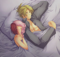 Rule 34 | 1boy, 1girl, afterglow, aftersex, alisa boskonovich, bed, bed sheet, chaiusa, artistic error, lars alexandersson, multicolored hair, naked sheet, namco, pillow, short hair, split-color hair, tekken, unbuttoned, under covers