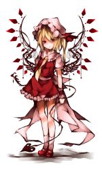Rule 34 | 1girl, alternate wings, ascot, blonde hair, chain, flandre scarlet, hat, hat ribbon, laevatein, looking at viewer, mob cap, red eyes, ribbon, sash, shirt, side ponytail, simple background, skirt, skirt set, solo, standing, touhou, toutenkou, vest, white background, wings, wrist cuffs