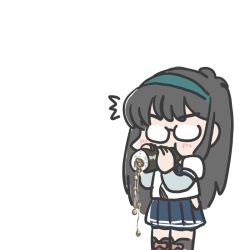 Rule 34 | 1girl, ^^^, black hair, blue skirt, commentary request, feet out of frame, ferret-san, food, glasses, green eyes, kantai collection, layered sleeves, long hair, long sleeves, makizushi, nattou, negative space, ooyodo (kancolle), opaque glasses, pleated skirt, school uniform, serafuku, short over long sleeves, short sleeves, simple background, skirt, solo, spill, standing, sushi, white background