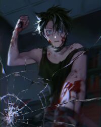 Rule 34 | 1boy, animal ears, bishounen, black hair, black tank top, blood, blood on face, blue eyes, cowboy shot, crack, cracked glass, genshin impact, highres, holding, holding knife, knife, male focus, short hair, solo, sparkle, starbights, tank top, wolf boy, wolf ears, wriothesley (genshin impact)
