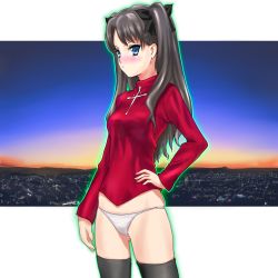 Rule 34 | 1girl, :/, black thighhighs, brown hair, fate/stay night, fate (series), frown, hand on own hip, koomo (pixiv148008), koumo, no pants, panties, parody, solo, strike witches, sweater, thighhighs, tohsaka rin, turtleneck, twintails, two side up, underwear, white panties, world witches series