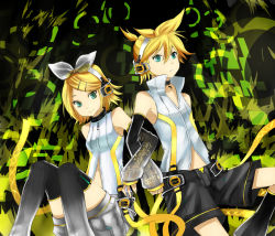 Rule 34 | 1boy, 1girl, aqua eyes, arm warmers, bare shoulders, bass clef, blonde hair, bow, brother and sister, detached sleeves, eiji (eiji), elbow gloves, eroji, fingerless gloves, gloves, hair bow, hair ornament, hair ribbon, hairclip, holding hands, headphones, kagamine len, kagamine len (append), kagamine rin, kagamine rin (append), leg warmers, light smile, navel, ponytail, ribbon, short hair, shorts, siblings, sitting, sleeveless, smile, thighhighs, treble clef, twins, vest, vocaloid, vocaloid append