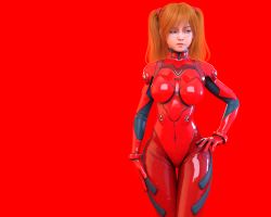 Rule 34 | 1girl, adapted costume, alternate hairstyle, artist request, blue eyes, bodysuit, curvy, hands on own hips, highleg, highleg leotard, highres, interface headset, leotard, lips, long hair, multicolored bodysuit, multicolored clothes, neon genesis evangelion, orange hair, pilot suit, plugsuit, realistic, red background, red bodysuit, shiny clothes, solo, souryuu asuka langley, standing, tsundere, twintails, wide hips