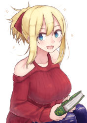 Rule 34 | 1girl, bare shoulders, blonde hair, blue eyes, book, breasts, collarbone, hair between eyes, highres, holding, holding book, kinpatsu-chan (rucchiifu), knees up, large breasts, long hair, looking at viewer, open mouth, original, ponytail, red sweater, ribbed sweater, rucchiifu, sidelocks, simple background, sitting, smile, solo, sparkle, sweater, white background