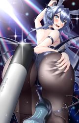 Rule 34 | 1girl, absurdres, animal ears, arm strap, ass, ass grab, azur lane, black footwear, black leotard, black pantyhose, blue hair, blush, bodystocking, breasts, deep skin, fake animal ears, grabbing own ass, high heels, highres, large breasts, leotard, long hair, musanix, nail polish, new jersey (azur lane), new jersey (exhilarating steps!) (azur lane), official alternate costume, open mouth, pantyhose, playboy bunny, pole, pole dancing, rabbit ears, scared, see-through, shoes, solo, stage, stage lights, stripper pole, torpedo, trembling, type 93 torpedo, very long hair