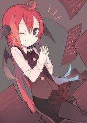 Rule 34 | 1girl, ahoge, akimaki yuu, bat wings, black pantyhose, black skirt, black vest, blush, commentary request, cowboy shot, dutch angle, head wings, highres, interlocked fingers, koakuma, long hair, long sleeves, looking at viewer, notice lines, one eye closed, pantyhose, paper, paper stack, red eyes, red hair, shirt, skirt, smile, solo, touhou, vest, white shirt, wings
