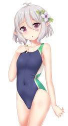 Rule 34 | 1girl, :o, ahoge, antenna hair, blue one-piece swimsuit, breasts, commentary request, competition swimsuit, cowboy shot, elf, flower, flower ornament, hair flower, hair ornament, hand on own shoulder, head tilt, highres, kokkoro (princess connect!), looking at viewer, nekomushi, one-piece swimsuit, open mouth, outstretched arm, pointy ears, princess connect!, purple eyes, shiny clothes, shiny skin, short hair, silver hair, simple background, small breasts, solo, standing, swimsuit, tagme, thighs, white background