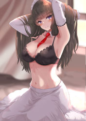 Rule 34 | 1girl, armpits, arms up, bare shoulders, between breasts, black bra, blunt bangs, blurry, blurry background, blush, bra, breasts, brown hair, cleavage, commentary request, depth of field, detached collar, elbow gloves, frills, gloves, hands in hair, highres, indoors, large breasts, long hair, long skirt, looking at viewer, maid, maid headdress, navel, necktie, necktie between breasts, nigouu, original, parted lips, purple eyes, red necktie, skirt, smile, solo, stomach, straight hair, underwear, very long hair, white gloves, white skirt