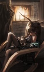 Rule 34 | 1girl, absurdres, amiya (arknights), animal ears, arknights, ascot, bare shoulders, black jacket, black pantyhose, blue ascot, brown hair, chair, character doll, commentary, closed eyes, fire, fireplace, highres, holding, holding stuffed toy, indoors, jacket, jewelry, long hair, multiple rings, nepperoni, off shoulder, open clothes, open jacket, pantyhose, rabbit ears, rabbit girl, ring, rocking chair, shirt, sitting, sleeping, sleeping upright, sleeveless, sleeveless shirt, solo, stuffed animal, stuffed rabbit, stuffed toy, thumb ring, white shirt