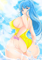 Rule 34 | 1girl, absurdres, artist request, ass, ass grab, ass support, bare shoulders, blue eyes, blue hair, blue sky, breasts, curvy, dragonball z, embarrassed, from behind, grabbing own ass, highleg, highleg swimsuit, highres, huge ass, large breasts, lips, long hair, looking at viewer, looking back, maron (dragon ball), one-piece swimsuit, shiny clothes, shiny skin, sideboob, skindentation, sky, solo, swimsuit, thick thighs, thighs, very long hair, water, wet, wet clothes, wet hair, wide hips, yellow one-piece swimsuit