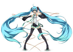 Rule 34 | 1girl, absurdly long hair, aize, armpits, black footwear, black thighhighs, boots, cable, detached sleeves, green eyes, green hair, hatsune miku, headphones, headset, long hair, matching hair/eyes, microphone, navel, necktie, open mouth, outstretched arms, shirt, simple background, skirt, sleeveless, sleeveless shirt, solo, standing, thigh boots, thighhighs, twintails, very long hair, vocaloid, white background, wire, zettai ryouiki