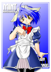 Rule 34 | 00s, 1girl, alternate costume, animal ears, blue background, blue hair, blush, character name, copyright name, enmaided, galaxy angel, gradient background, green eyes, looking at viewer, maid, maid headdress, mint blancmanche, open mouth, short hair, simple background, smile, solo, yellow eyes