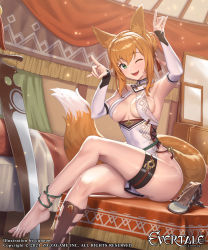 Rule 34 | 1girl, animal ears, artist name, breasts, clothes between thighs, commentary request, company connection, copyright name, cuboon, dress, evertale, fox ears, fox tail, green eyes, hair bun, highres, light brown hair, looking at viewer, medium breasts, mysha, official art, open mouth, shiny skin, short dress, simple background, single hair bun, sleeveless, solo, sword, tail, thigh strap, thighs, weapon