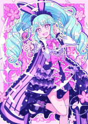 Rule 34 | 1girl, :d, animal ear hairband, animal ears, blue hair, bow, center frills, collared shirt, commentary request, detached collar, drill hair, fake animal ears, flower, frills, hairband, hands up, highres, holding, holding microphone, idol clothes, idol land pripara, katasumi amari, layered skirt, long hair, long sleeves, looking at viewer, microphone, open mouth, petals, pink background, pink bow, pink eyes, pink flower, pink ribbon, polka dot, polka dot skirt, pretty series, pripara, puffy long sleeves, puffy sleeves, rabbit ear hairband, rabbit ears, ribbon, satowa (circuit), shirt, skirt, smile, solo, sparkle, standing, standing on one leg, twin drills, twintails, very long hair, white shirt