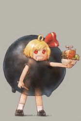 Rule 34 | 1girl, bare arms, black footwear, blonde hair, boned meat, bowl, chopsticks, darkness, drooling, food, full body, grey background, grin, hair ribbon, highres, holding, holding bowl, meat, red eyes, red ribbon, ribbon, rumia, salad, sharp teeth, shoes, short hair, simple background, smile, socks, solo, standing, teeth, touhou, white socks, yst