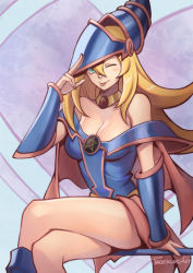 Rule 34 | 1girl, aqua eyes, bare shoulders, blonde hair, blush, breasts, cleavage, dark magician girl, duel monster, feet out of frame, hair between eyes, hand up, hat, large breasts, long hair, looking at viewer, off shoulder, one eye closed, pentacle, phrecklesart, signature, sitting, solo, thighs, tongue, tongue out, wizard hat, yu-gi-oh!