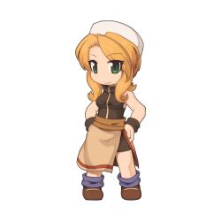 Rule 34 | 1girl, apron, black dress, blonde hair, blue socks, breasts, brown apron, brown footwear, chibi, chibi only, closed mouth, dress, full body, green eyes, hands on own hips, hat, hugin&#039;s butler, looking at viewer, medium breasts, medium hair, official art, parted bangs, ragnarok online, shoes, short dress, simple background, sleeveless, sleeveless dress, smile, socks, solo, transparent background, waist apron, white hat, wristband, yuichirou