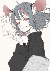 Rule 34 | 1girl, animal ears, black sweater, blush, cigarette, deal360acv, earrings, grey hair, highres, holding, holding cigarette, jewelry, long sleeves, looking at viewer, mouse ears, multicolored hair, nazrin, open mouth, pink hair, red eyes, short hair, simple background, solo, streaked hair, sweater, touhou, white background