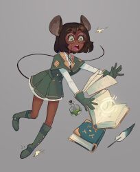 Rule 34 | 1girl, absurdres, animal ears, artist name, black hair, blush, book, boots, bumblesteak, commentary, dark-skinned female, dark skin, english text, glass, gloves, green eyes, grey background, highres, mouse ears, mouse girl, mouse tail, nose, olive (bumblesteak), open mouth, original, potion, quill, short hair, simple background, solo, sweat, tail