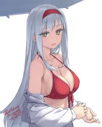 Rule 34 | 10s, 1girl, :d, artist name, bikini, breasts, brown eyes, cleavage, collarbone, dated, female focus, front-tie top, hairband, kantai collection, large breasts, long hair, looking at viewer, off shoulder, open clothes, open mouth, red bikini, rokuwata tomoe, shoukaku (kancolle), silver hair, simple background, smile, solo, strap gap, swimsuit, twitter username, umbrella, white background
