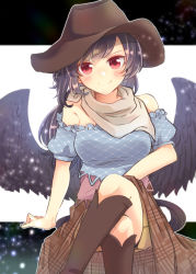 Rule 34 | 1girl, aoi (annbi), arm support, bandana, bare shoulders, black background, black hair, blue shirt, blush, boots, breasts, brown footwear, brown hat, brown skirt, commentary request, cowboy hat, crossed legs, feet out of frame, hat, kurokoma saki, light particles, long hair, looking at viewer, medium breasts, off-shoulder shirt, off shoulder, plaid, plaid skirt, puffy short sleeves, puffy sleeves, red eyes, shirt, short sleeves, sitting, skirt, smile, solo, touhou, two-tone background, white background