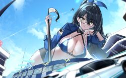 Rule 34 | 1girl, :o, absurdres, aircraft, airplane, bikini, bikini top only, black bow, black bowtie, black hair, black jacket, black thighhighs, blue bikini, blue bow, blue skirt, blue sky, blurry, blurry foreground, bow, bowtie, breasts, car, character request, cleavage, cloud, contrail, cowboy shot, detached collar, elbow rest, flag, flagpole, from below, giant, giantess, glasses, hair between eyes, hair bow, haze/reverb, highres, jacket, large breasts, long hair, long sleeves, looking at viewer, lying, miniskirt, motor vehicle, official art, on side, open clothes, open jacket, panty straps, ponytail, race queen, semi-rimless eyewear, skirt, sky, solo, sports car, straight hair, swimsuit, thighhighs, traditional bowtie, under-rim eyewear, yellow eyes