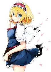 Rule 34 | 1girl, alice margatroid, ascot, blonde hair, blue dress, blue eyes, blush, book, breasts, capelet, closed mouth, cowboy shot, dress, frilled dress, frills, from side, highres, holding, holding book, looking at viewer, looking to the side, medium breasts, petals, sash, short dress, short hair, smile, solo, touhou, yuki (snowmaiden)