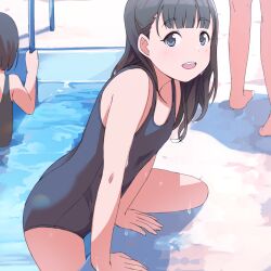 Rule 34 | :d, arm support, bare arms, black hair, blue eyes, blunt bangs, day, flat chest, highres, hiroki (yyqw7151), leaning forward, leg up, long hair, looking at viewer, looking to the side, open mouth, original, outdoors, pool, school swimsuit, smile, straight hair, swimsuit, water, wet