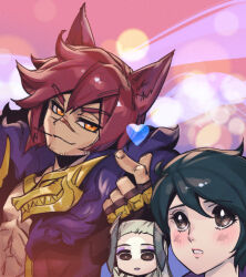 Rule 34 | 1girl, 2boys, alune (league of legends), animal ears, aphelios, blush, brown eyes, cat ears, facial hair, finger heart, fingerless gloves, fur-trimmed jacket, fur trim, gloves, hair between eyes, jacket, league of legends, looking at another, mouth hold, multiple boys, muscular, muscular male, orange eyes, parted lips, phantom ix row, pink background, red hair, sett (league of legends), short hair, stubble, teeth, yaoi