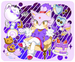Rule 34 | 1girl, animal ears, blaze the cat, box, box of chocolates, cake, cat ears, cat girl, cat tail, chair, crossed legs, cup, eyelashes, food, forehead jewel, fork, fruit, fur-trimmed footwear, fur-trimmed gloves, fur trim, furry, furry female, gloves, gold necklace, ice cream, jacket, jewelry, kusunoki cherry, looking at viewer, necklace, pants, pink footwear, purple fur, purple jacket, sitting, sonic (series), strawberry, sugar cube, tail, teacup, teapot, topknot, truffle, white gloves, white pants, yellow eyes