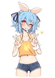 Rule 34 | 1girl, absurdres, animal ears, bare shoulders, bikini, bikini under clothes, black bikini, blue hair, blue nails, blue ribbon, blush, bra strap, collarbone, commentary, cowboy shot, crop top, cutoffs, denim, denim shorts, double v, flat chest, food, food in mouth, hair between eyes, hair ribbon, halterneck, highres, hololive, light blue hair, looking at viewer, medium hair, midriff, mouth hold, multicolored hair, nail polish, navel, orange tank top, popsicle, popsicle in mouth, rabbit-shaped pupils, rabbit ears, red eyes, ribbon, scrunchie, short shorts, shorts, sidelocks, simple background, solo, standing, star (symbol), streaked hair, sweat, swimsuit, symbol-shaped pupils, tank top, thick eyebrows, thigh gap, thighs, two-tone hair, two side up, unexistarts, usada pekora, v, v-shaped eyebrows, virtual youtuber, white background, white hair