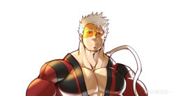 Rule 34 | 1boy, absurdres, bara, bodysuit, boku no hero academia, cross scar, facial scar, fang, fang out, frown, highres, large pectorals, looking at viewer, male focus, mature male, muscular, muscular male, pectoral cleavage, pectorals, red bodysuit, scar, scar on cheek, scar on face, shiba ichi, short hair, solo, tusks, upper body, vlad king (boku no hero academia), white hair